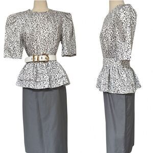 Flattering Vintage 80s Structured Peplum Polka Dot Contrast Dress